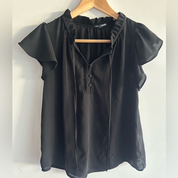 Fashion Nova, size S, black blouse top, keyhole tie up front, ruffles, sheer - Picture 1 of 6
